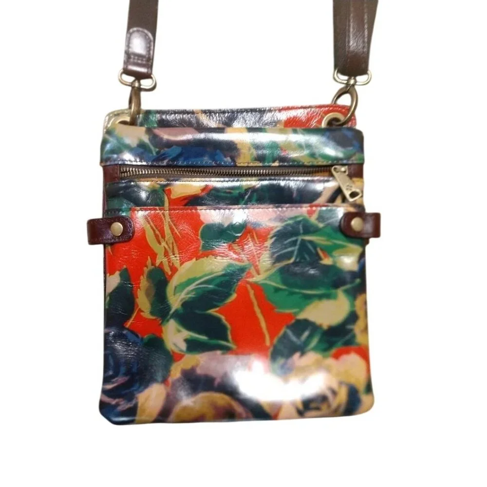 Patricia Nash Leather Floral Crossbody Bag With Adjustable Strap & Zippered Fron